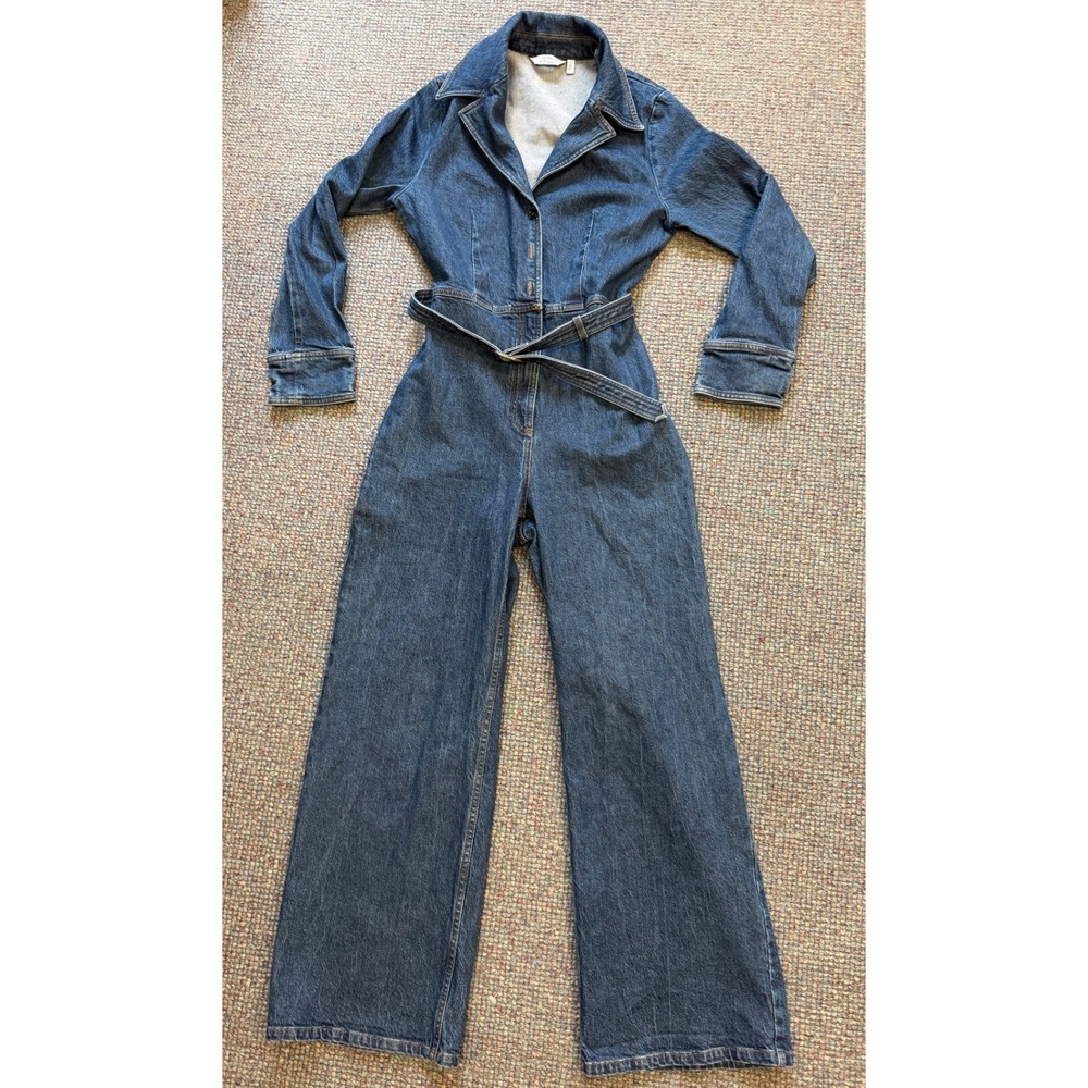 & Other Stories Denim Jumpsuit Dark Wash Wide Leg Belted Long Sleeve Indigo US 6